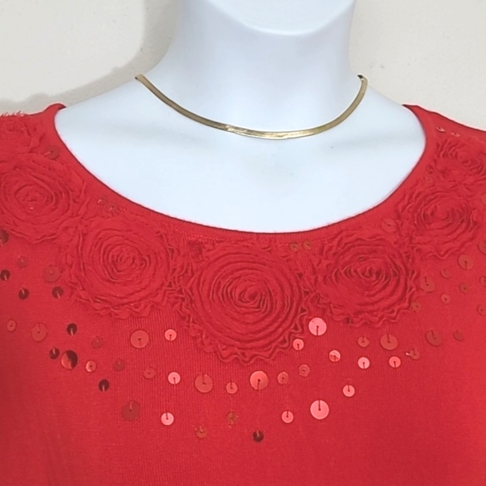 Ruby Rd. Red 3/4 Sleeve Scoop Neck Rose Appliqué Sequin Embellished Sweater Medi